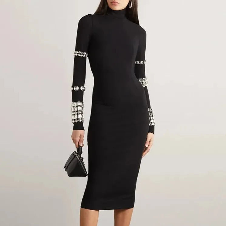 BLACK HIGH NECK MIDI DRESS with RHINESTONES