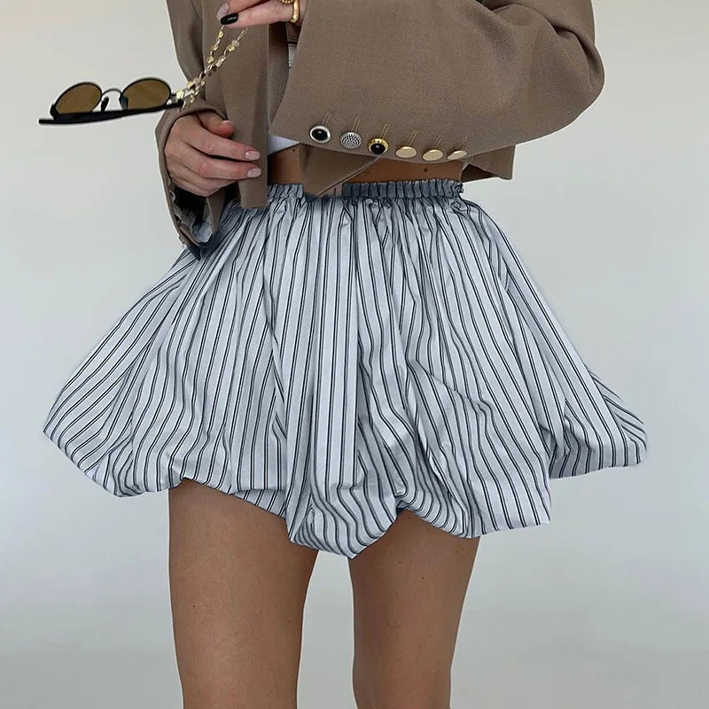 Striped Pleated High Waist Mini Skirt – French Summer Fluffy Skirt 2025