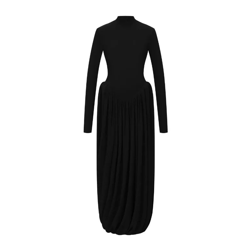 BACKLESS PLEATED LONG SLEEVE DRESS