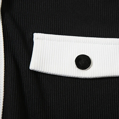 Elegant Black Knit Shorts and Top Set for Women – Chic Round Neck with White Trim and Pockets