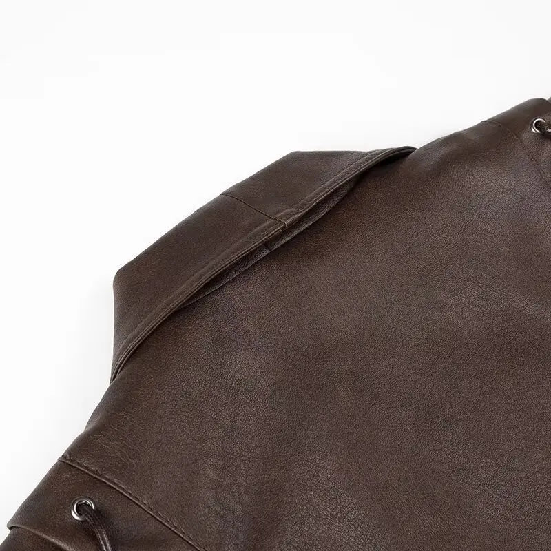 Chic Faux Leather Jacket for Women – Belted PU Coat with Dropped Shoulders