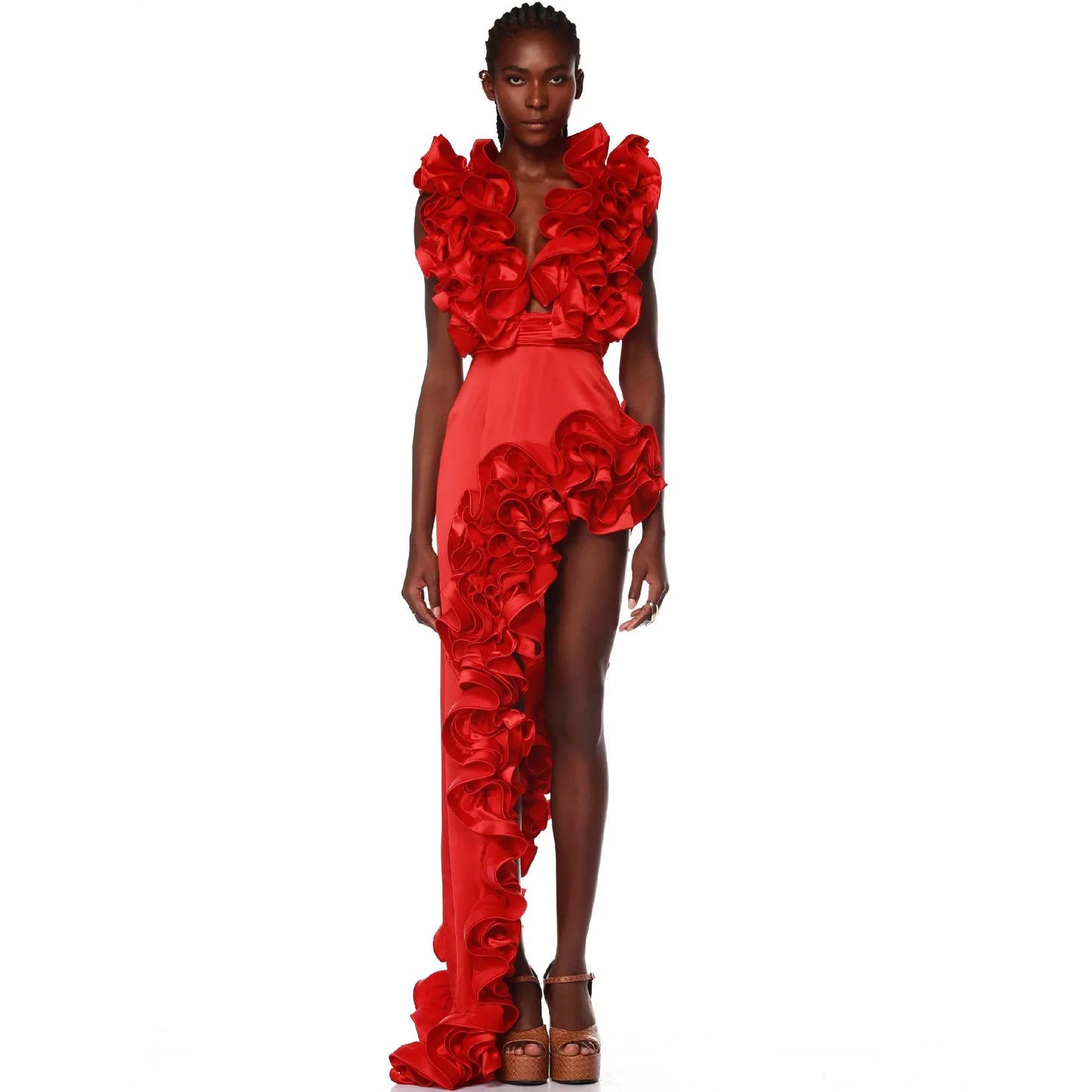 RED FLOWER BODYSUIT and SIDE SLIT MAXY SKIRT