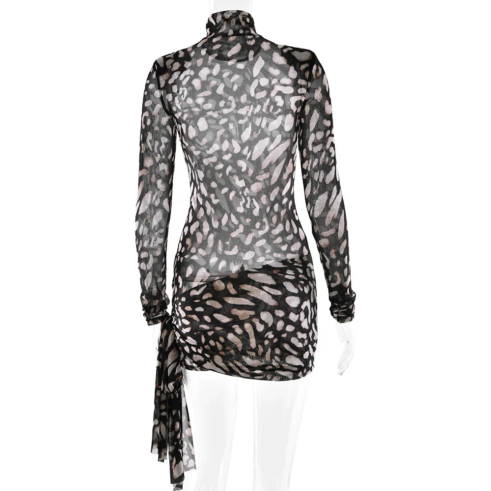 LEOPARD PRINT LONG SLEEVE MINI DRESS with TRAIN