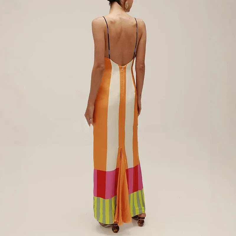 COLORFUL CONTRAST STRIPED STRAP MAXI DRESS