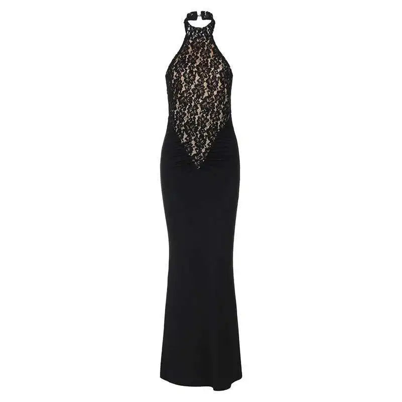 Lace Halter Backless Maxi Dress – Elegant Black Bodycon Evening Gown for Women