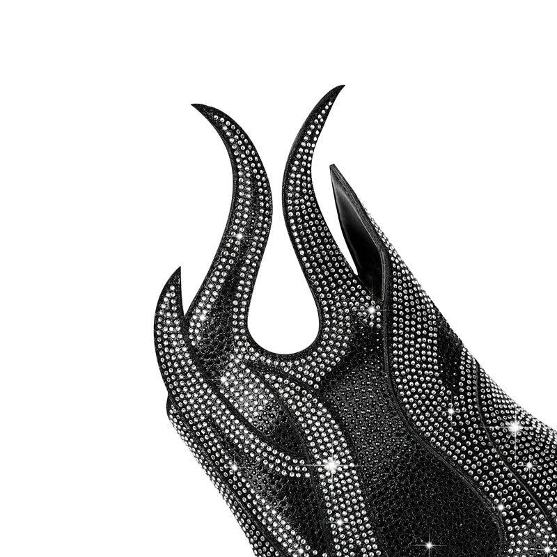 FLAME SHAPE SHORT BOOTS THICK HEEL with CRYSTALS