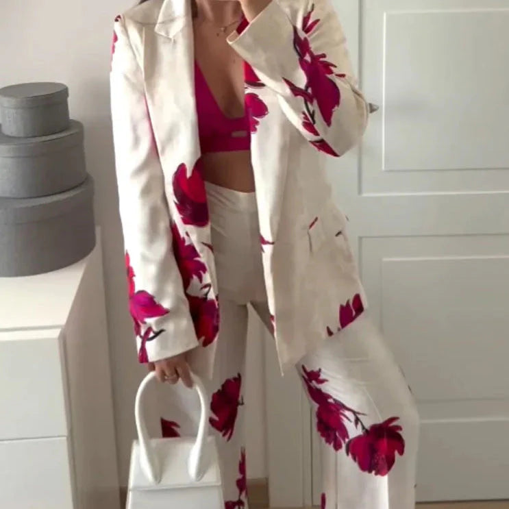 PRINT RED FLOWER BLAZER and PANTS SUIT