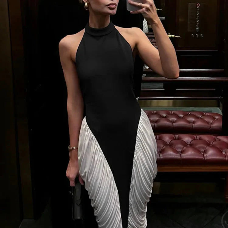 PATCHWORK SLEEVELESS BLACK and WHITE BODYCON MIDI DRESS
