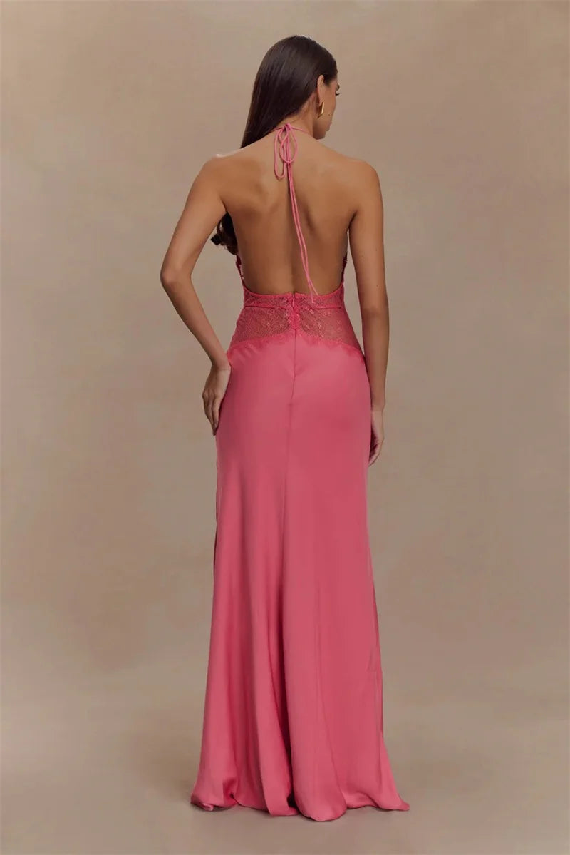 Elegant Backless Halter Maxi Dress with Lace Waist – Deep V Neck Sleeveless Summer Gown