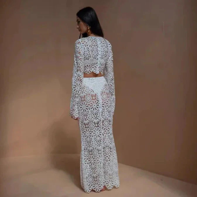 EMBROIDERY HOLLOW OUT BEACH TOP and SKIRT SET