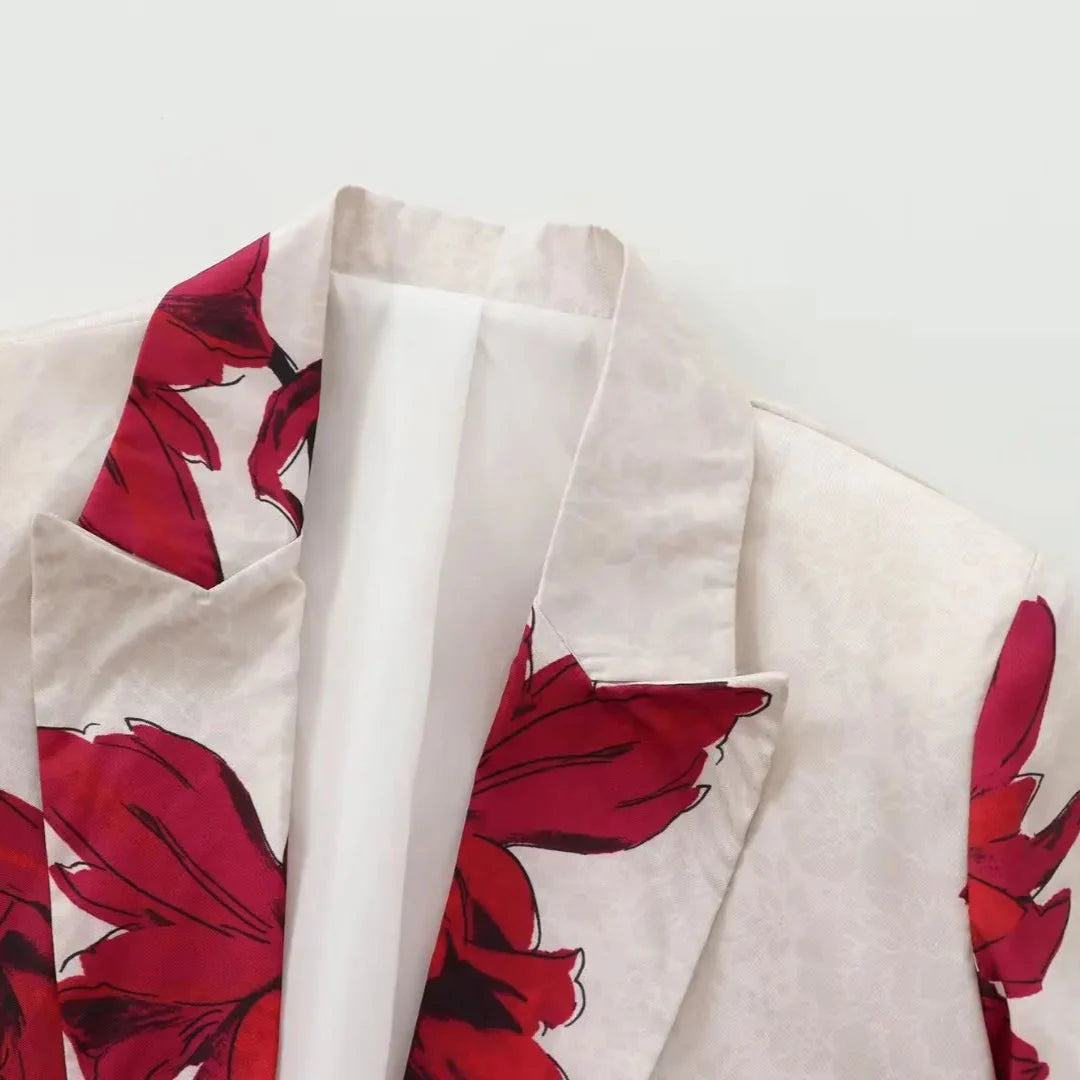 PRINT RED FLOWER BLAZER and PANTS SUIT