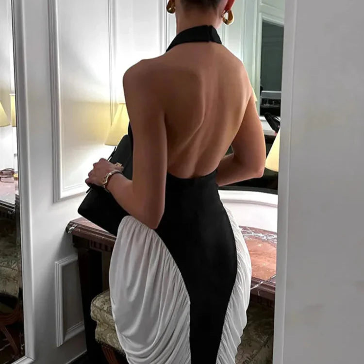 PATCHWORK SLEEVELESS BLACK and WHITE BODYCON MIDI DRESS