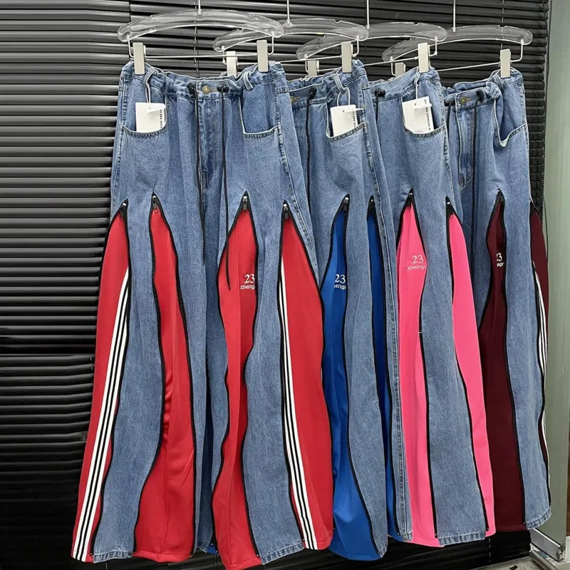 Wide Leg Contrast Zipper Jeans for Women – High Waist Streetwear Denim Pants