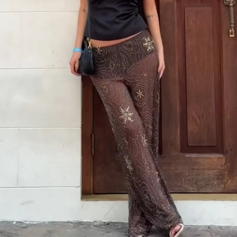 EMBOINED BROWN SEQUIN PANTS