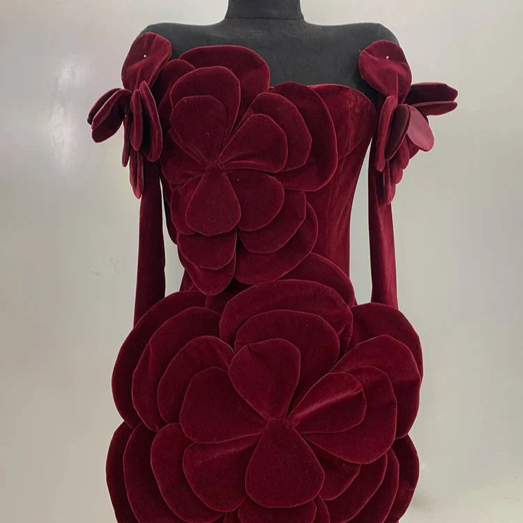 PATCHWORK FLOWER VELVET MINI DRESS with SLEEVES