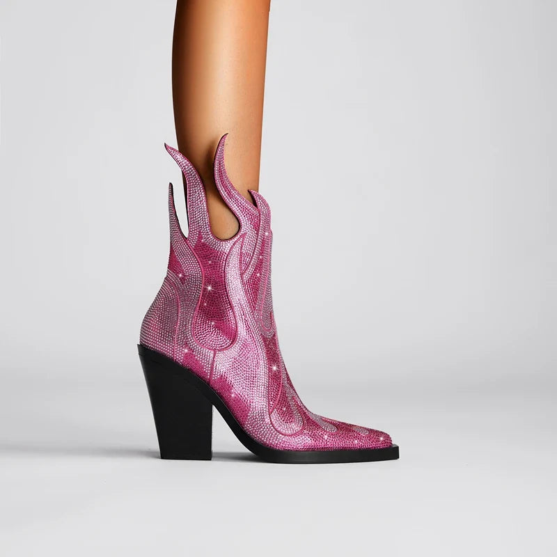 FLAME SHAPE SHORT BOOTS THICK HEEL with CRYSTALS