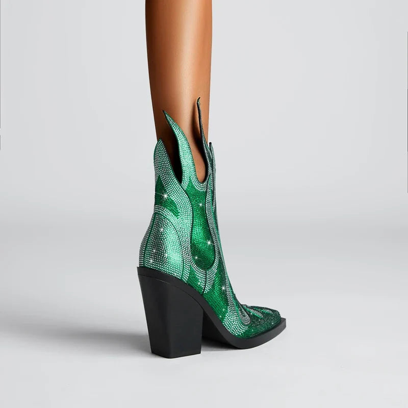 FLAME SHAPE SHORT BOOTS THICK HEEL with CRYSTALS
