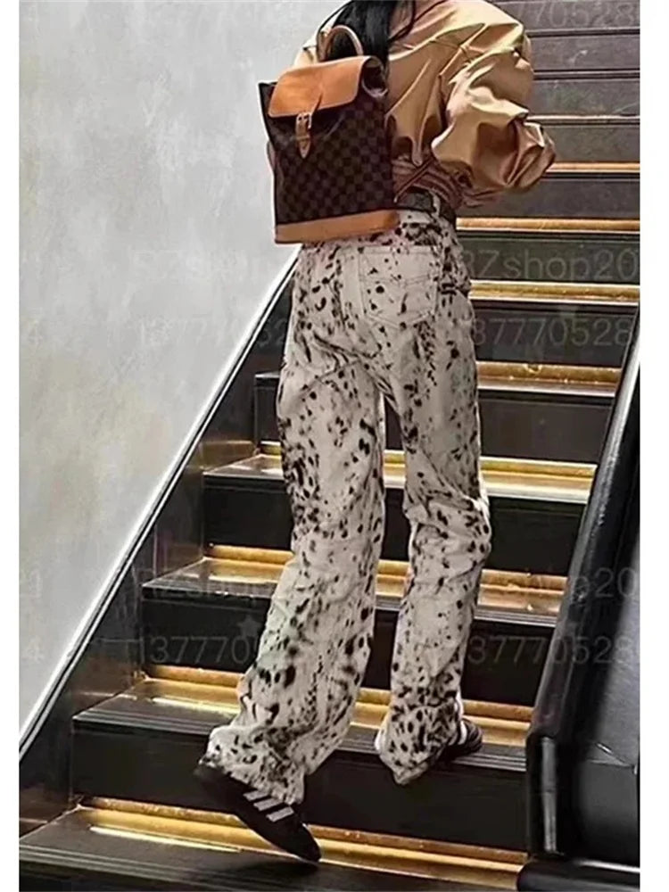 Leopard Print Wide Leg Jeans – High Waisted Vintage Streetwear Denim Pants for Women