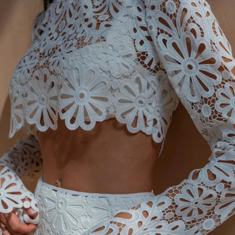 EMBROIDERY HOLLOW OUT BEACH TOP and SKIRT SET