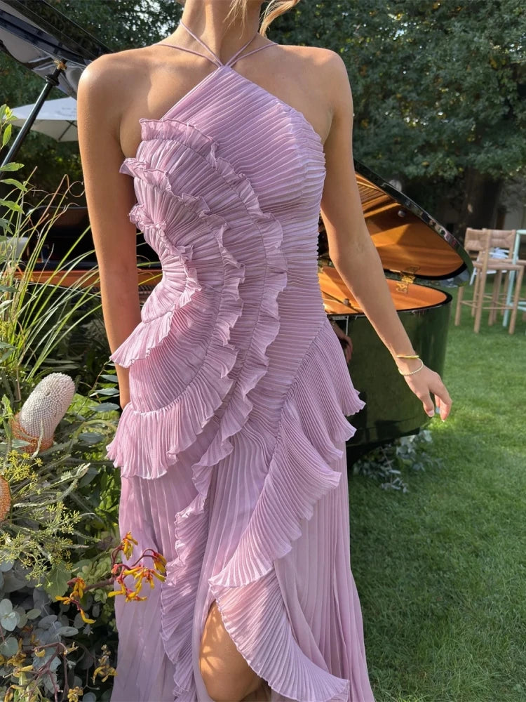 Romantic pleated lavender dress with one-shoulder design and slim fit
