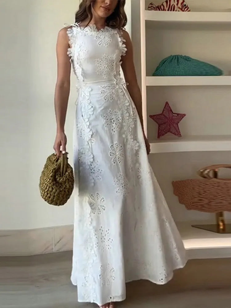 Detailed embroidery and premium cotton fabric on white summer dress