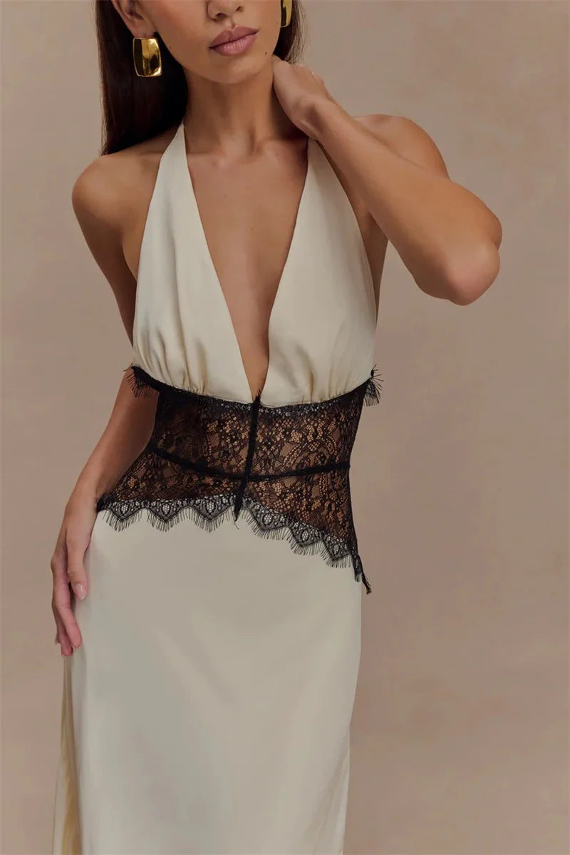 Elegant Backless Halter Maxi Dress with Lace Waist – Deep V Neck Sleeveless Summer Gown