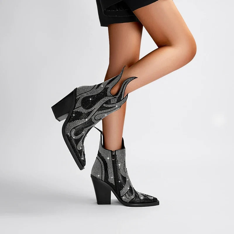 FLAME SHAPE SHORT BOOTS THICK HEEL with CRYSTALS