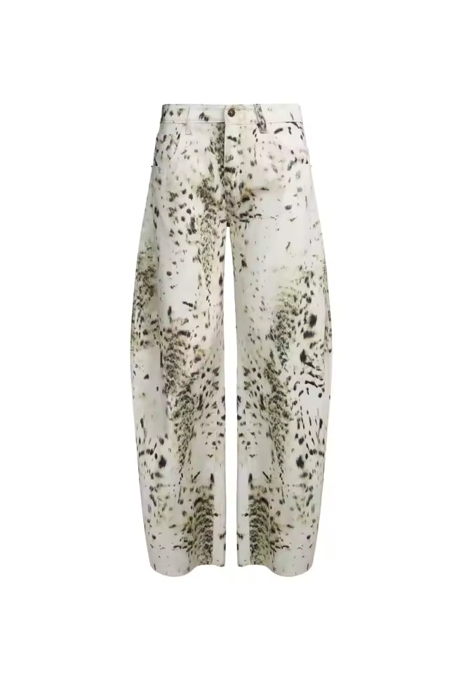Leopard print wide leg vintage denim pants – streetwear style