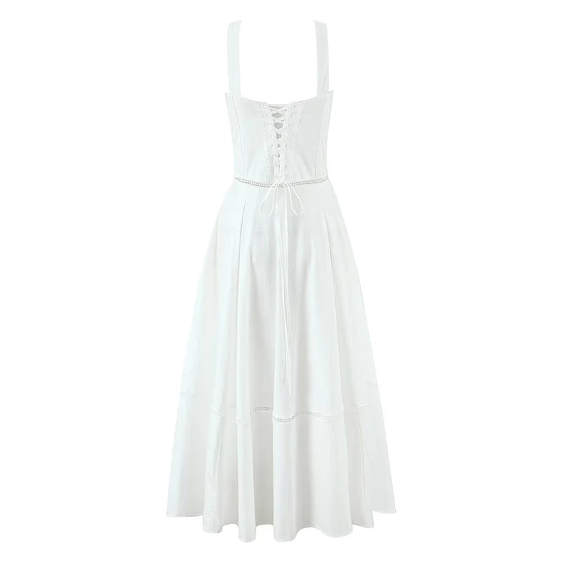 Elegant White Corset Midi Dress – A-line Cotton Summer Dress with Lace-Up Back