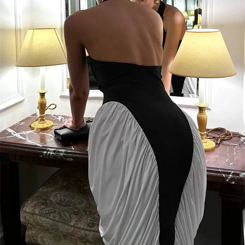 PATCHWORK SLEEVELESS BLACK and WHITE BODYCON MIDI DRESS
