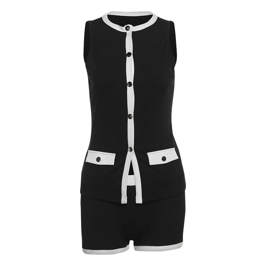 Elegant Black Knit Shorts and Top Set for Women – Chic Round Neck with White Trim and Pockets