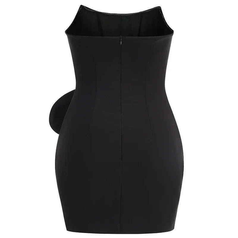 BLACK STRAPLESS MINI DRESS WAIST FLORAL DECORATION