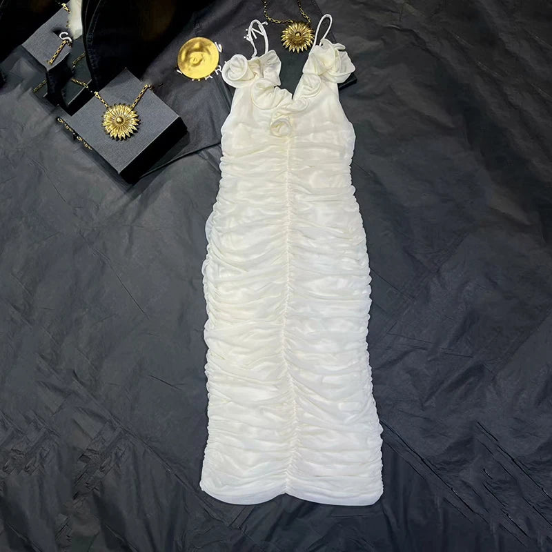 Elegant White & Black Ruched Midi Dress – Backless Slim Fit Summer Party Dress
