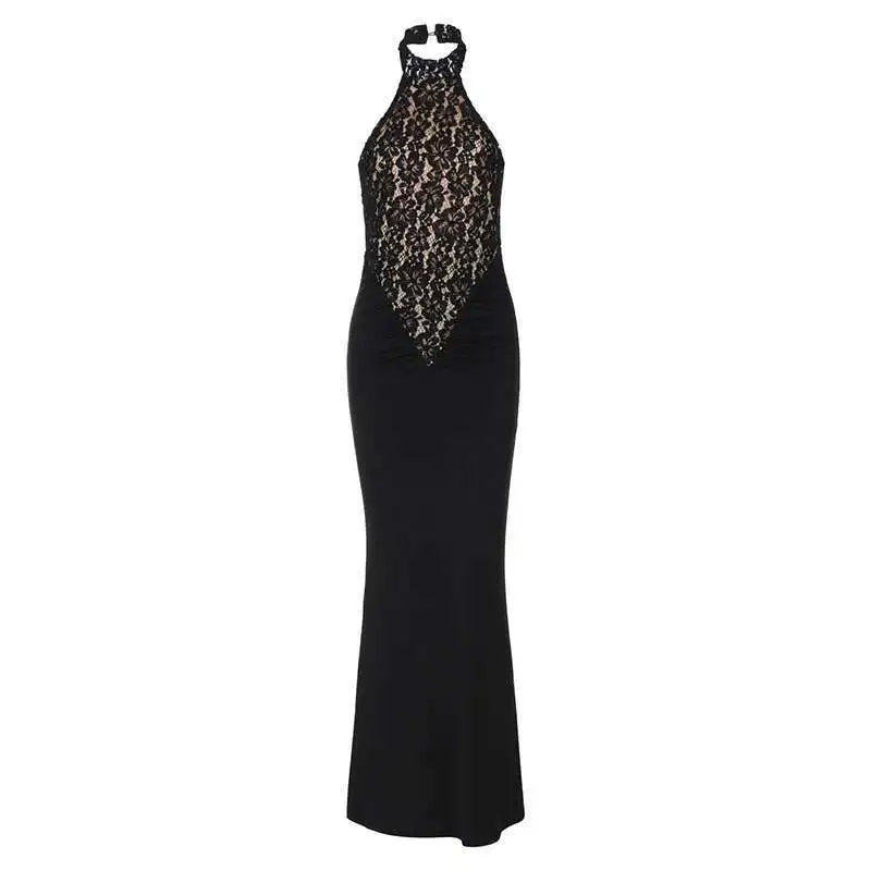 Lace Halter Backless Maxi Dress – Elegant Black Bodycon Evening Gown for Women