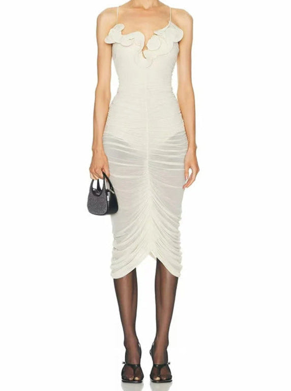 White ruched backless midi dress with slim fit design