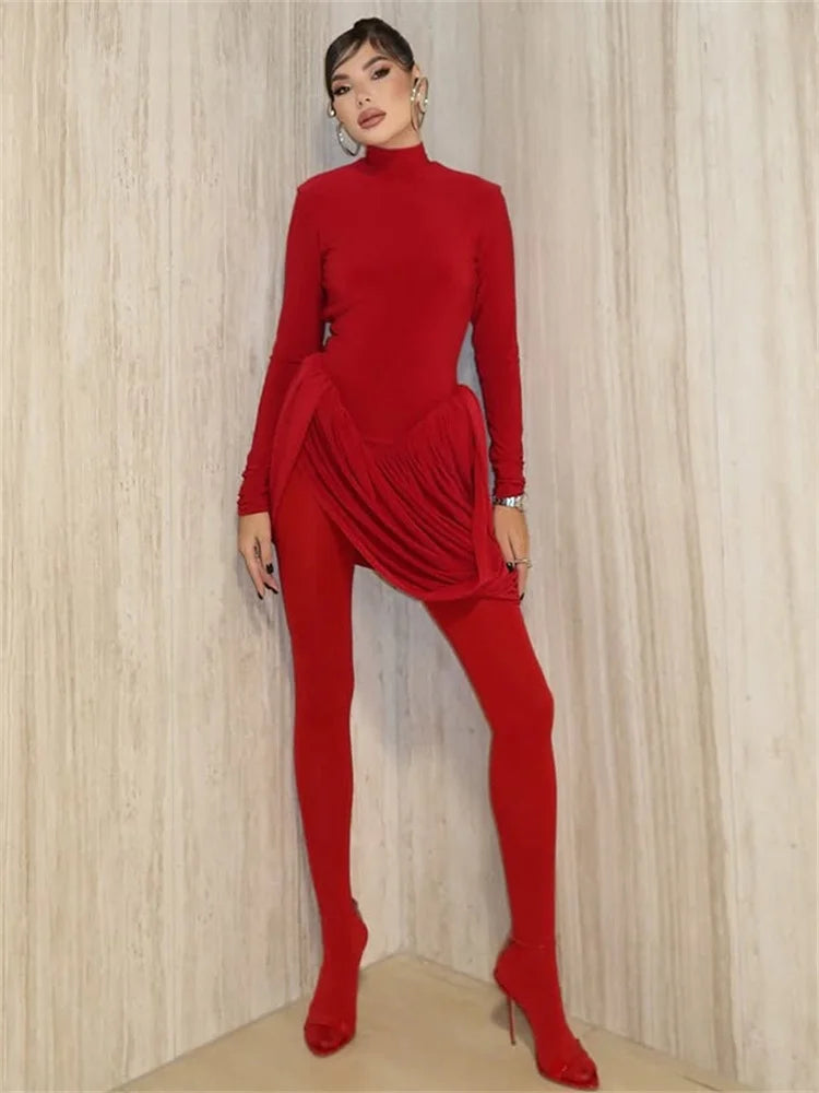 BACKLESS PLEATED LONG SLEEVE DRESS