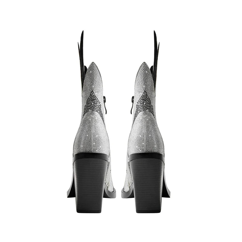 FLAME SHAPE SHORT BOOTS THICK HEEL with CRYSTALS