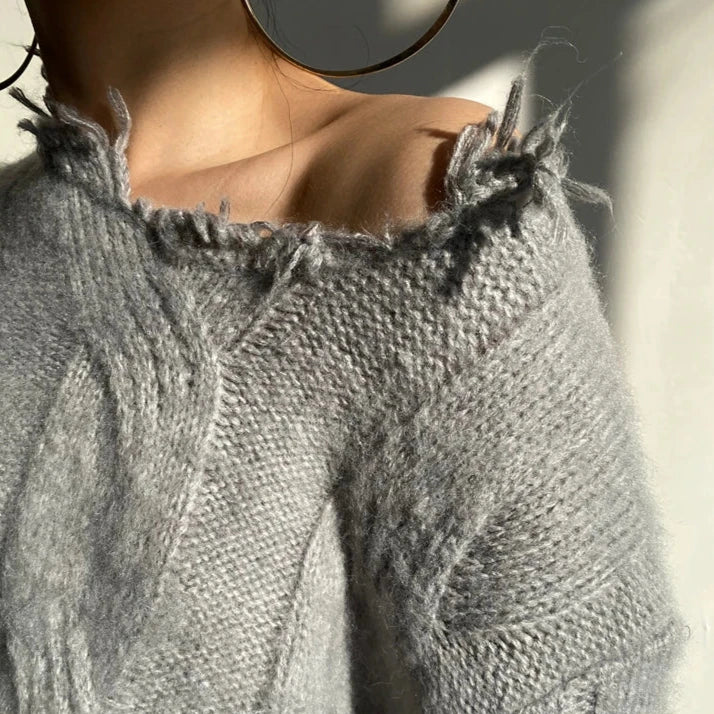 LONG KNITTED PULLOVER with RIPPING - Grey