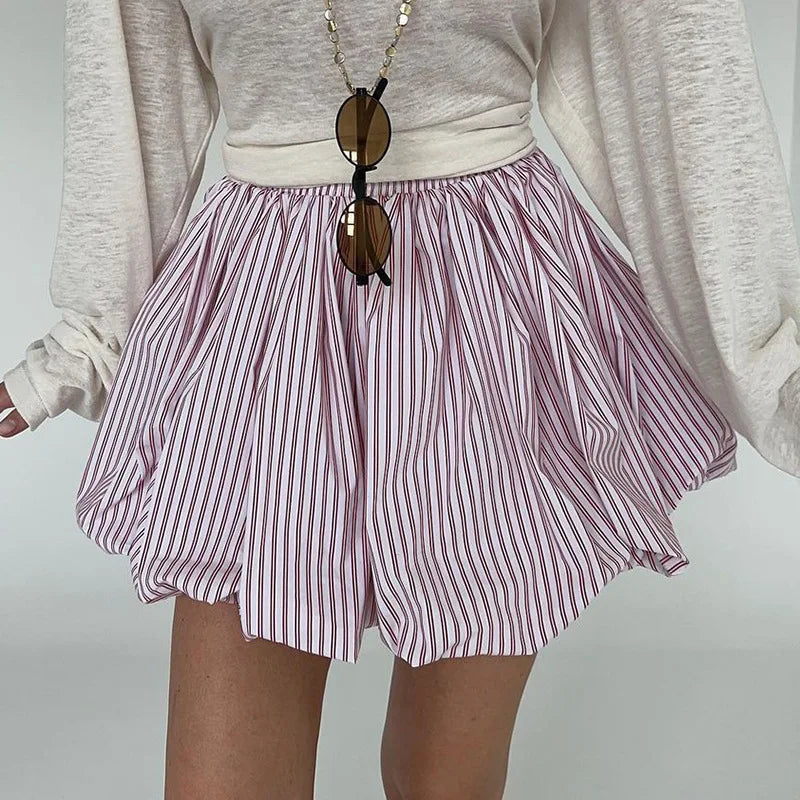 Striped Pleated High Waist Mini Skirt – French Summer Fluffy Skirt 2025