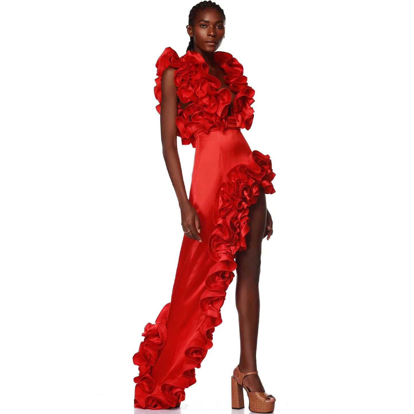 RED FLOWER BODYSUIT and SIDE SLIT MAXY SKIRT