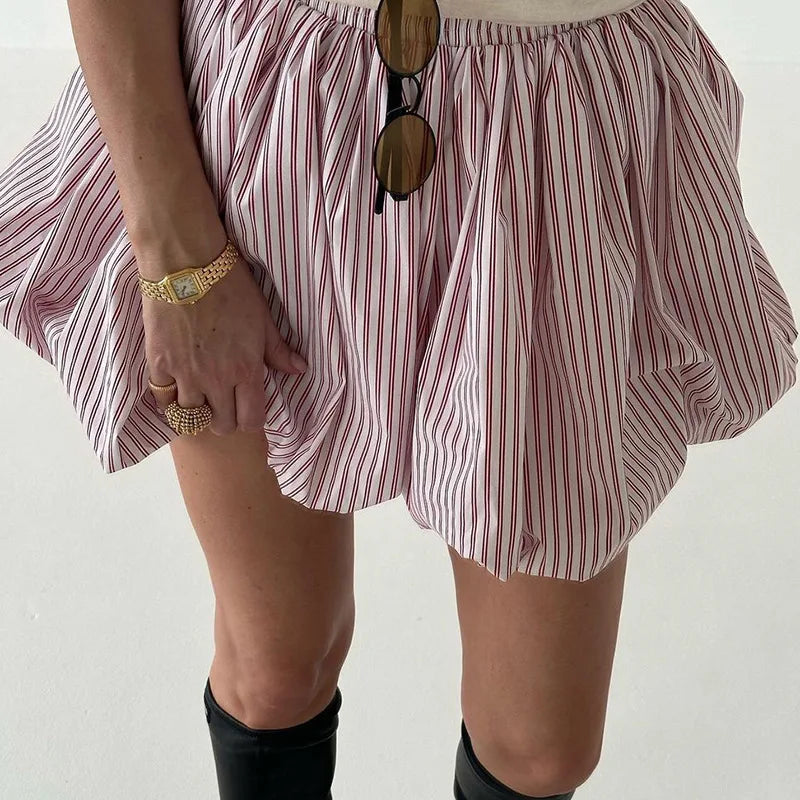 Striped Pleated High Waist Mini Skirt – French Summer Fluffy Skirt 2025