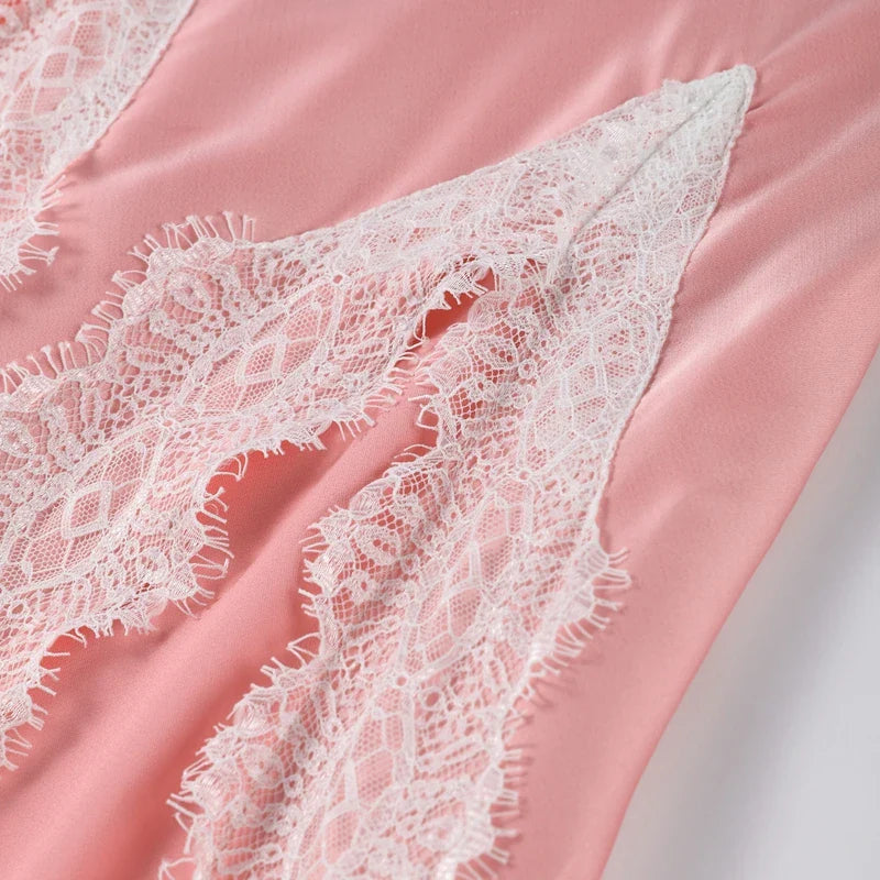 PINK LACE SATIN HIGH SLITS DRESS