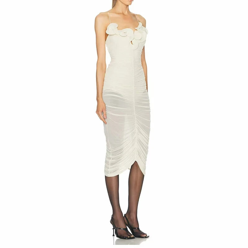 Black sleeveless party dress with ruched detailing
