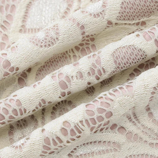 Close-up of lace fabric with a floral pattern on a white background