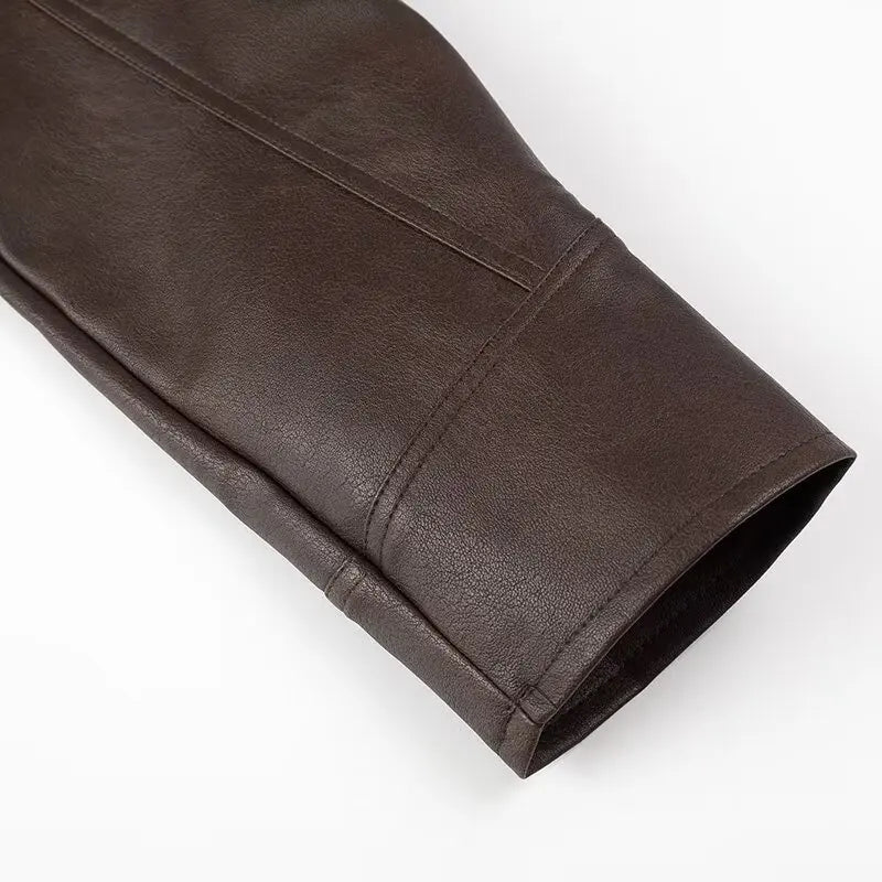 Chic Faux Leather Jacket for Women – Belted PU Coat with Dropped Shoulders