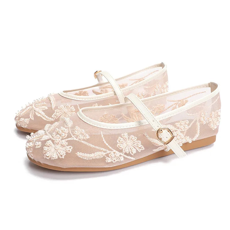 Embroidered Mesh Ballet Flats – Beaded Mary Jane Shoes with Pearl Details for Women