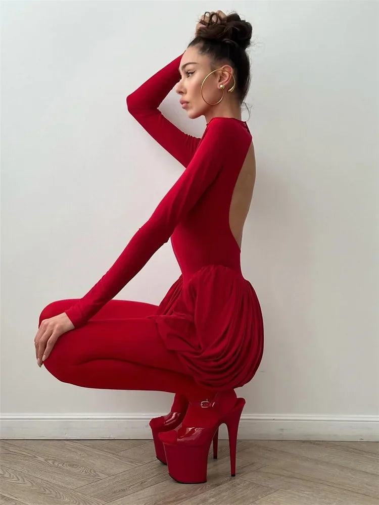 BACKLESS PLEATED LONG SLEEVE DRESS