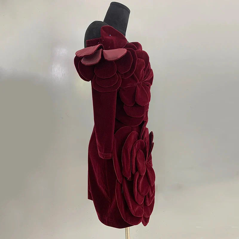 PATCHWORK FLOWER VELVET MINI DRESS with SLEEVES