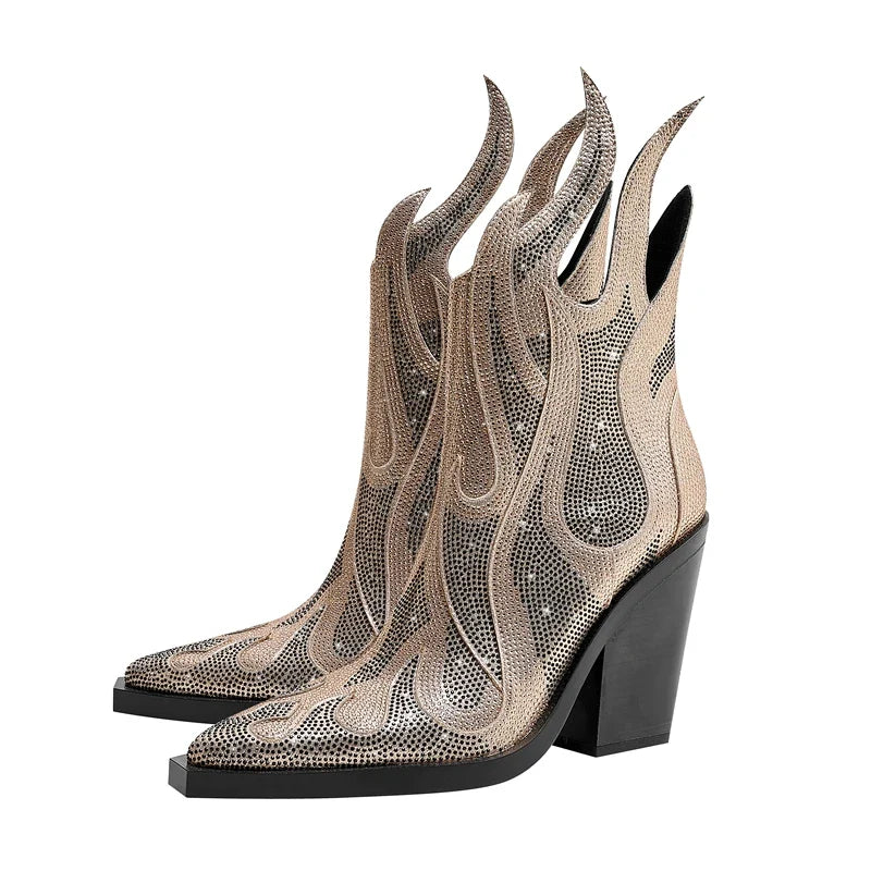 FLAME SHAPE SHORT BOOTS THICK HEEL with CRYSTALS
