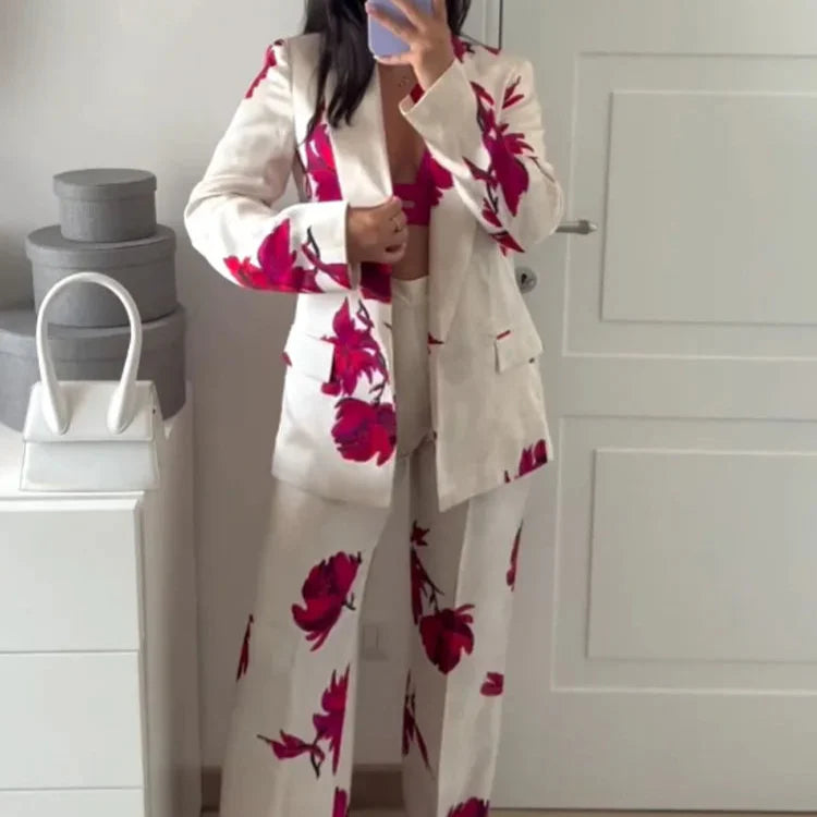 PRINT RED FLOWER BLAZER and PANTS SUIT